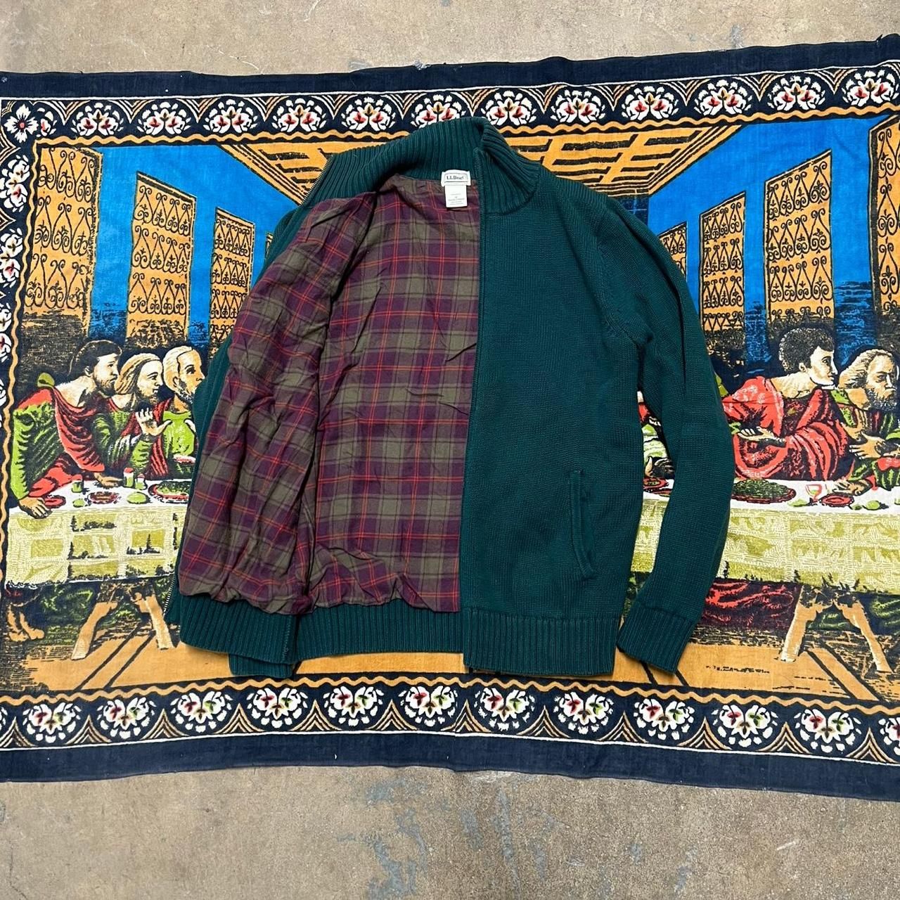 L.L.Bean Green Zip Up Sweater Red Plaid Inner Lining Id 278929 Knit Cardigan Y2k